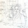 Graphite sketch of Betsy, two seamstresses in her upholstery shop.