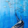 TARPON BELOW, 21"x51", acrylic on gallery wrapped canvas, Price: $1600. These bait fash a swimming above a hungry Tarpon. The glazing enhances the depth of the water. 